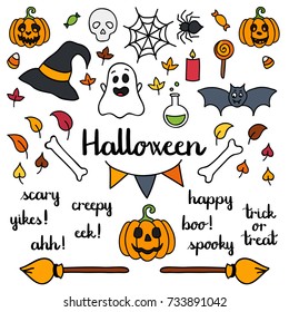 Halloween set of things and words isolated doodle vector