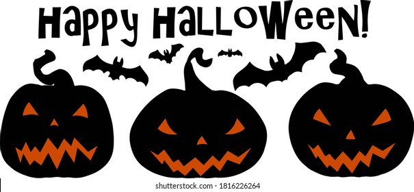 Halloween set of three different spooky dark pumpkins with candle lights inside, black flying bats isolated on white. Smiling pumpkin heads illustration with text Happy Halloween!