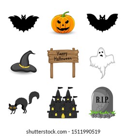 Halloween set with traditional attributes on white background. Cartoon style. Vector