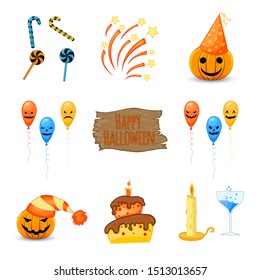 Halloween set with traditional attributes on white background. Cartoon style. Vector