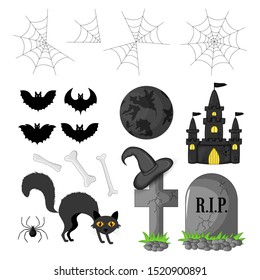 Halloween set with traditional attributes on white background. Cartoon style. Vector