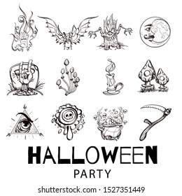 Halloween set with traditional attributes on a white background. Cartoon style. Vector.