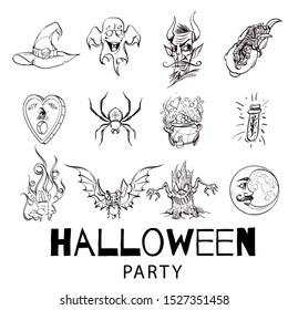 Halloween set with traditional attributes on a white background. Cartoon style. Vector.