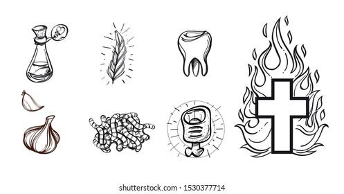 Halloween set with traditional attributes on a white background. Cartoon style. Vector.