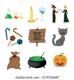 Halloween set with traditional attributes on white background. Cartoon style. Vector