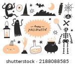 Halloween set with traditional elements and characters in simple hand drawn style. Vector illustration