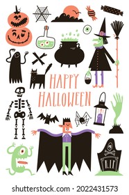 Halloween set with traditional elements and characters in simple hand drawn style.