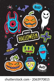 Halloween set with traditional elements and characters in vector graphics. Halloween sticker pack.
