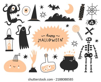 Halloween set with traditional elements and characters in simple hand drawn style. Vector illustration