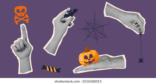 Halloween set of trendy halftone hands stickers. Paper collage elements. Pumpkin, bat, spider, web. Vector pop art illustration for social media materials, invitation, banner, poster