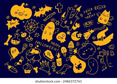 Halloween set. Trick or treat. Hand-drawn kids doodle. Children colorful scribbles. Set. Funny cartoon characters. Vector illustration. Isolated on white background. Seamless pattern