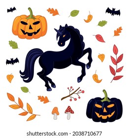 Halloween ambientado con unicornio, calabazas, gárgaras de mosca y hojas