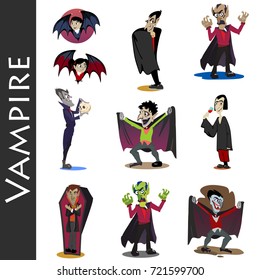Halloween set with vampire and their castle under full moon and cemetery, Draculas monster in coffin flat vector illustrations, good for party invitation or flyer, greeting card