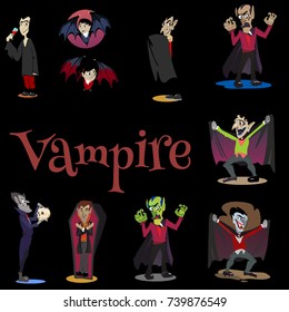 Halloween set with vampire and their castle under full moon and cemetery, Draculas monster in coffin flat vector illustrations, good for party invitation or flyer, greeting card