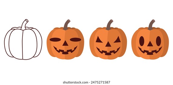 Halloween-Set. Variationen von Kürbis, verschiedene Charaktergesichter. Vereinzelte Vektorillustration, Halloween-Konzept
