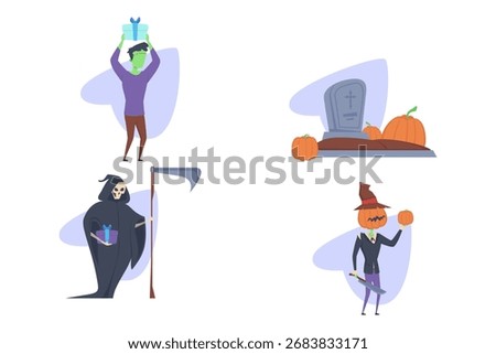 Halloween set with various characters engaging in festive activities. Figure lifting gift, grim reaper holding scythe, while pumpkin figure preparing for fun