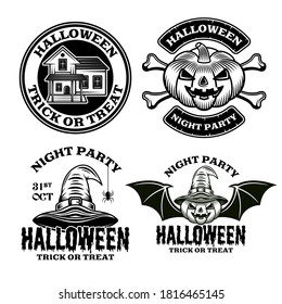 Halloween set of vector emblems, labels, badges or logos in vintage monochrome style isolated on white background