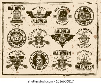 Halloween set of vector emblems, labels, badges or prints in vintage style on dirty background with removable stains and grunge textures