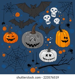 Halloween set vector. Funny pumpkins, spiders and cobwebs, bats