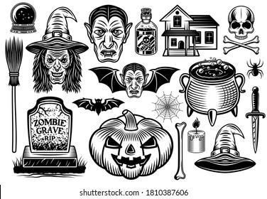 Halloween set of vector graphic objects or design elements in vintage black and white style isolated on white background