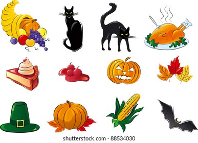 Halloween set. Vector icon set of cornucopia, fruit, berries,  vegetable,  black cats, hat, Turkey, leaves, pumpkin, pie, corn, bat