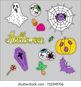 Halloween set of vector icons. Cartoon hand drawn set of object for Halloween