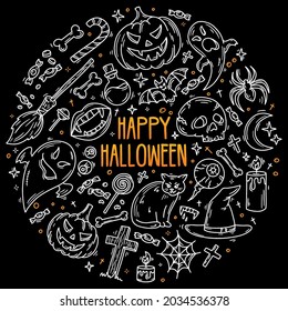Halloween set of vector icons in doodle cartoon style. Pumpkins, ghosts and horror symbols. Sketch linear magic elements on a black background in a circle.