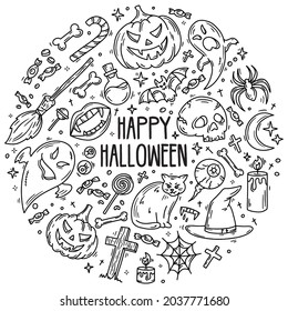 Halloween set of vector icons in doodle cartoon style. A witch girl with a pot cooks potions, pumpkins and ghosts. Sketch linear magic elements on a white background.
