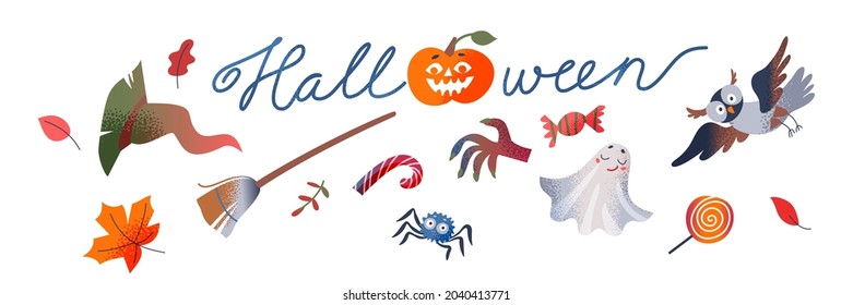 Halloween set vector illustration. Cartoon scary ghost and candy, magic witch broom hat, cute owl and spider characters, fall leaves in Halloween party autumn decoration collection isolated on white background.