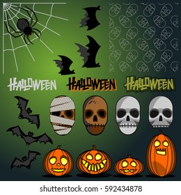 Halloween set vector illustration with flat characters and seamless white skull pattern on green background