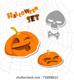 Halloween set vector illustration. Funny pumpkins and skull