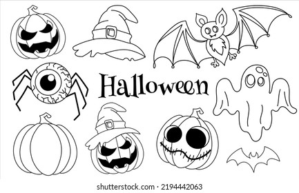 Ilustración vectorial de Halloween. Gost , bat , calabaza, sombrero de bruja y araña ocular el arte de halloween con fondo aislado para tu diseño, impresión, postal, afiche, decoración de libros. 