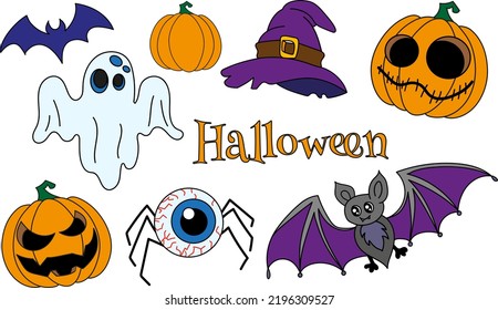 Halloween set vector illustration. Gost , bat , pumpkin, witch hat and  spider eye doddle halloween art with isolated background for your design, print, postcard, poster, book decoration. 