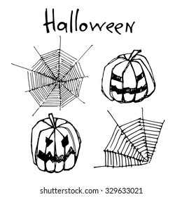 Halloween set vector illustration. Hand drawn vintage design. Freehand drawing with liner pen on paper. Sketchy line art drawing.