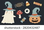 Halloween set vector illustration on dark background. Cute ghost, pumpkin wearing witch hat, candy, spider, mushroom and eyeball clipart collection. Childish silly doodle spooky icons.