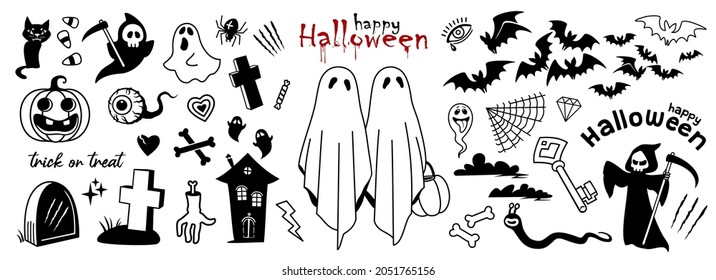 Halloween set, Vector illustration, sticker set, Happy Halloween, Trick or treat, cute ghosts