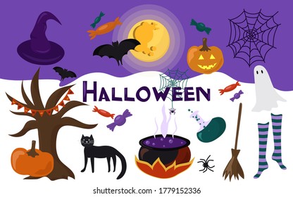 Halloween, set of vector illustrations. Pumpkin, spider, witch's hat, tree, bat, cat, pot of potion, moon, striped stockings, broom, Ghost. Holiday images. In the style of hand drawing.