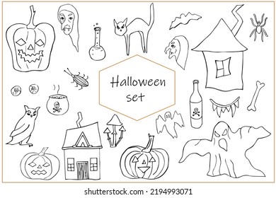 Halloween Reihe von Vektorgrafiken, die von Liner, Doodle-Stil gezeichnet wurden.