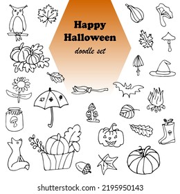 Halloween set of vector images drawn by liner, autumn doodle style.