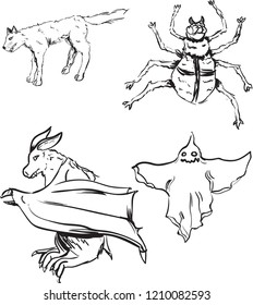 Halloween set Vector line art. spider, wolf and ghosts illustrations