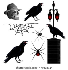 Halloween. Set of vector objects (ravens, skull, spiders, web, lantern) for greeting and invitation card design.