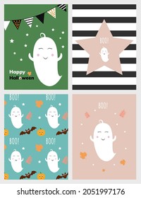 Halloween set. Vector poster, postcards and frame leaflet, web banner. Vector illustration template with bats, pumpkin and funny ghost. Happy Halloween banner, background design.