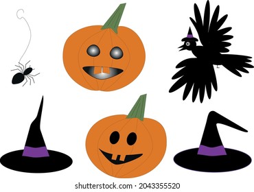 Conjunto de Halloween (vector). Calabaza con ojos iluminados y boca, calabaza con ojos negros y boca. Un gran cuervo negro o ravin. Araña con la web. Dos sombreros negros con cintas moradas.