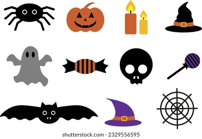 Halloween set, vector. Halloween pumpkin, spider and bat, skull and candles, witch hats, sweets, ghost and cobwebs.