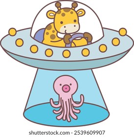 Halloween set Vector Stock Illustrations of Baby Giraffe.
Cute giraffe animals with halloween theme.
A baby giraffe driving a space ship and bring a jelly fish