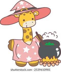 Halloween set Vector Stock Illustrations of Baby Giraffe.
Cute giraffe animals with halloween theme.
A pink witch giraffe cooking a potion