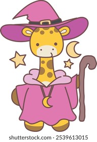 Halloween set Vector Stock Illustrations of Baby Giraffe.
Cute giraffe animals with halloween theme.
A baby giraffe wearing a violet witch costume