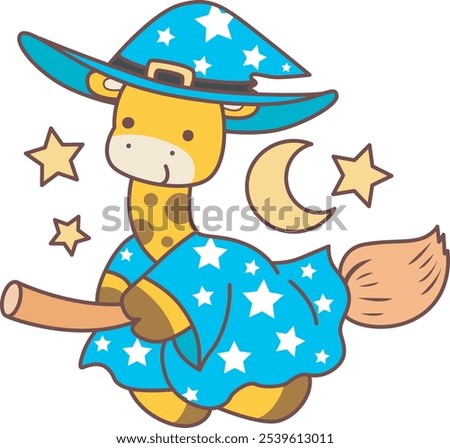 Halloween set Vector Stock Illustrations of Baby Giraffe.
Cute giraffe animals with halloween theme.
A blue witch giraffe flying with broomstick