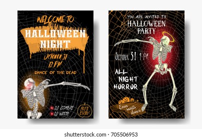 Halloween set of vertical background with skeletons dancing DAB. Flyer or invitation template for Halloween party and night. Handwritten calligraphy greetings, dance of the dead all night. Vector.