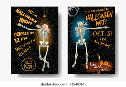 Halloween set of vertical background with skeletons dancing DAB. Flyer or invitation template for Halloween party and night. Handwritten calligraphy greetings, dance of the dead all night. Vector.